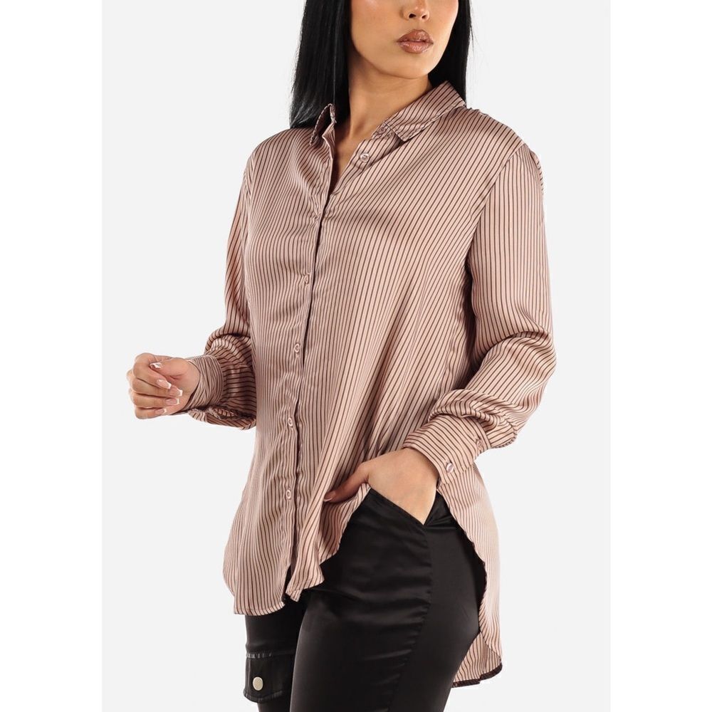 The Workshop Satin Pinstripe Oversized Button Up Shirt Mocha Medium Boyfriend‎